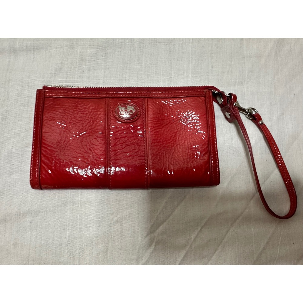 Coach Red Patent Leather Crinkle Wristlet Zip Wallet with Card Slots